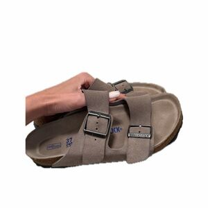 Birkenstock Taupe Suede Sandals with Silver Buckles
